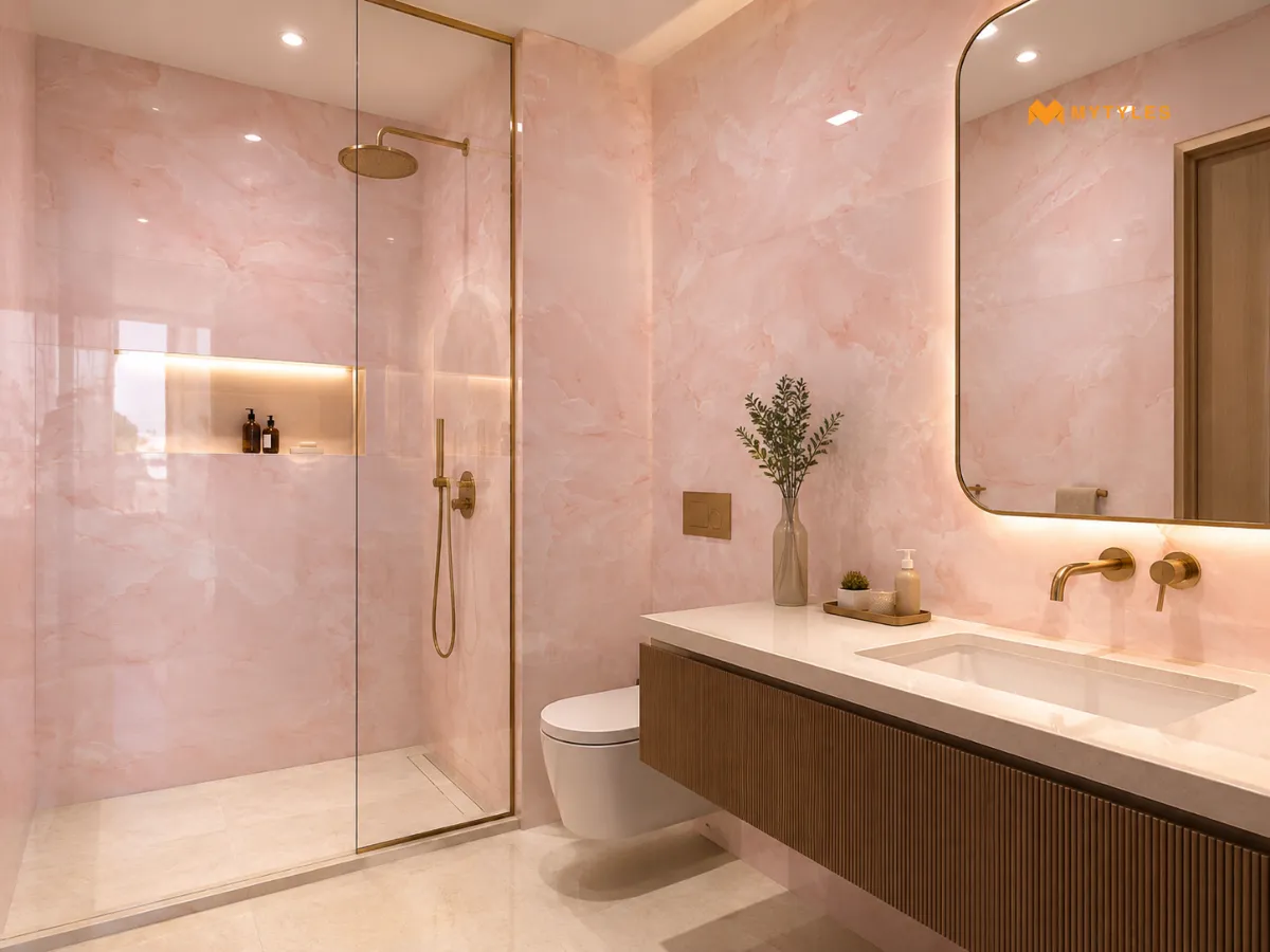 Glossy Marble-Look Tiles on Bathroom Walls